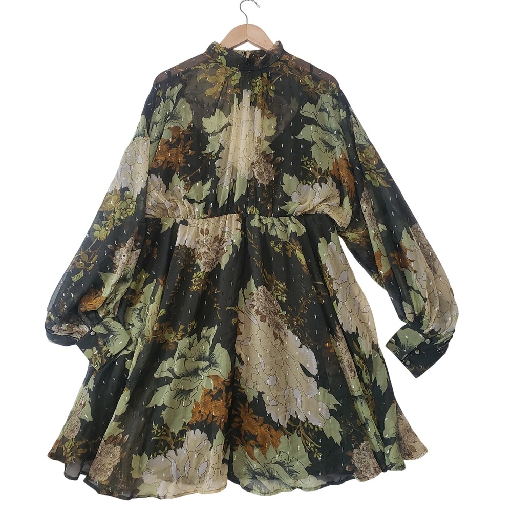 ASOS Maternity Dress 12 Green Floral Metallic Chiffon High Neck Mini Fairy Boho
